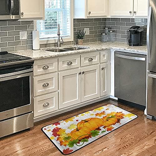 Alfombra de cocina de otoño con diseño de calabazas y hojas de Acción de Gracias, otoño, arce, textura de madera, tapete antideslizante para puerta