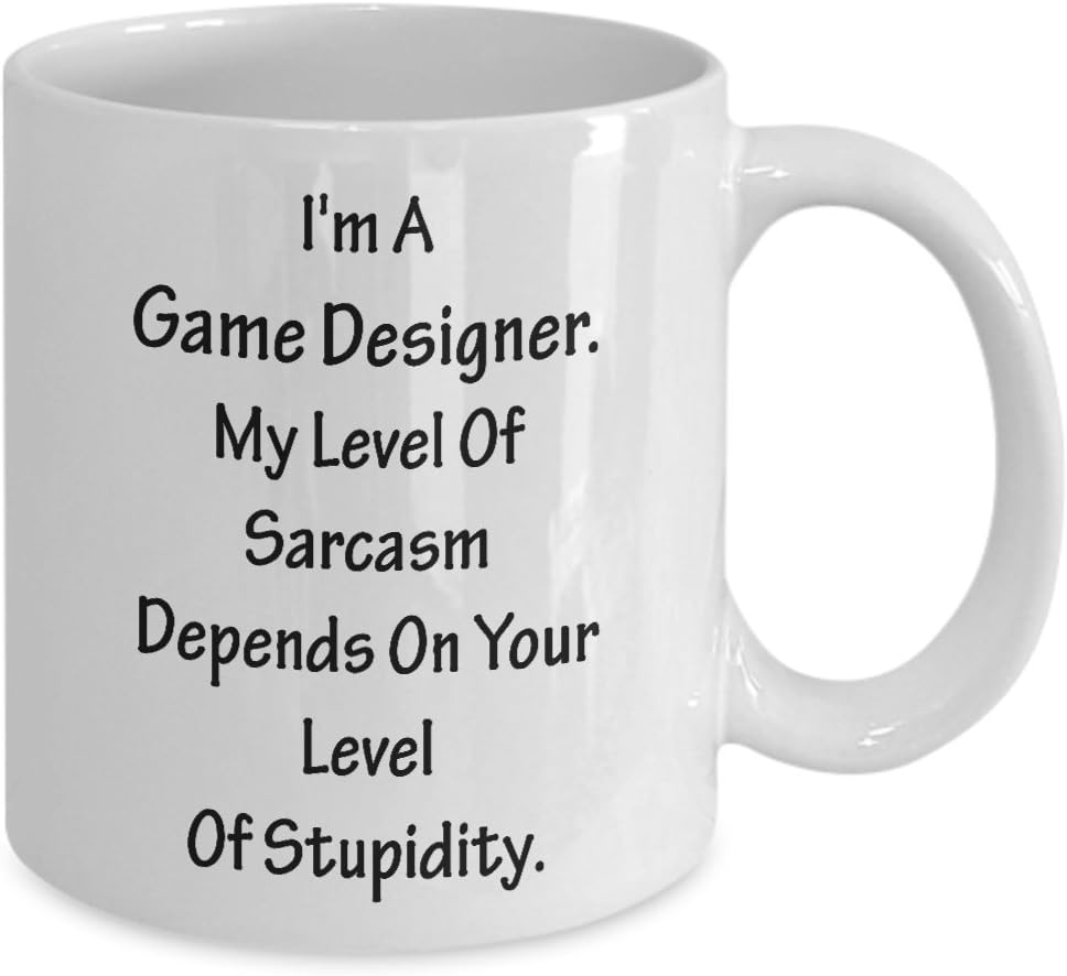 Regalo divertido para diseñador de juegos, mi nivel de Sarcasm Depends  Taza de videojuegos, taza de café, taza de té, diseño inspirador, diseño de