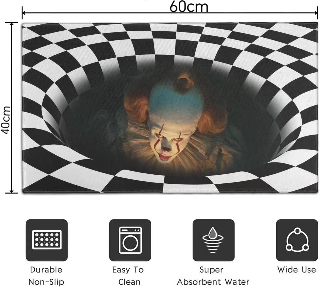 Felpudo de payaso con ilusión de Halloween, tapete de ilusión de vórtice 3D, de goma antideslizante, lavable, impermeable, duradero, fácil de