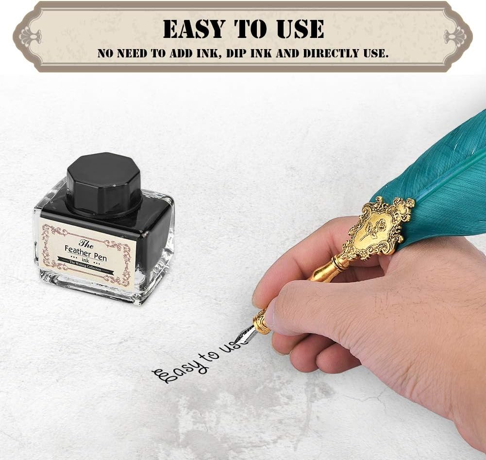 Zerone Juego de plumas retro, pluma estilográfica clásica europea, pluma de pavo real antiguo, pluma de metal con punta de pluma de escritura, caja
