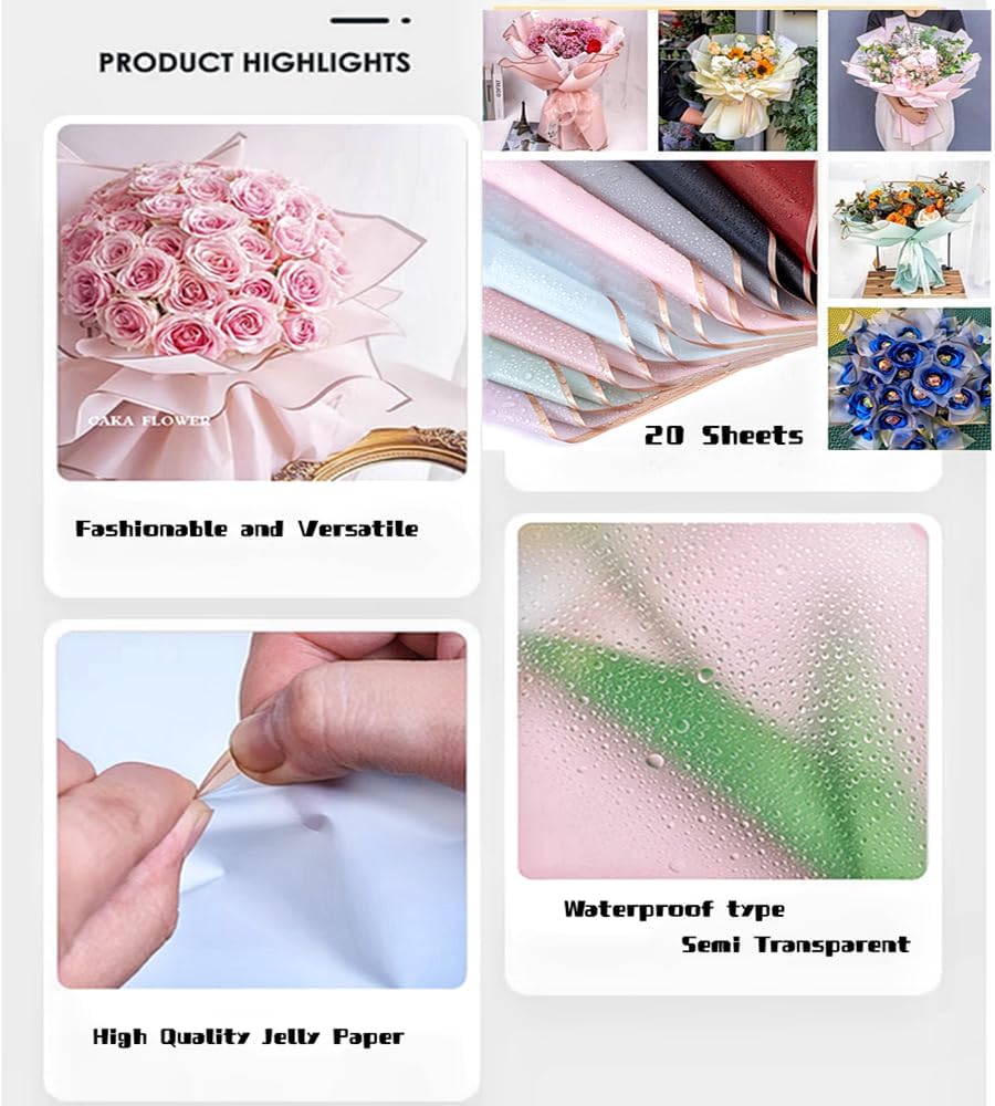 XIYUAN 20 unidades de papel de regalo de flores frescas con borde dorado, manualidades, embalaje de regalo o caja de regalo, papel de regalo