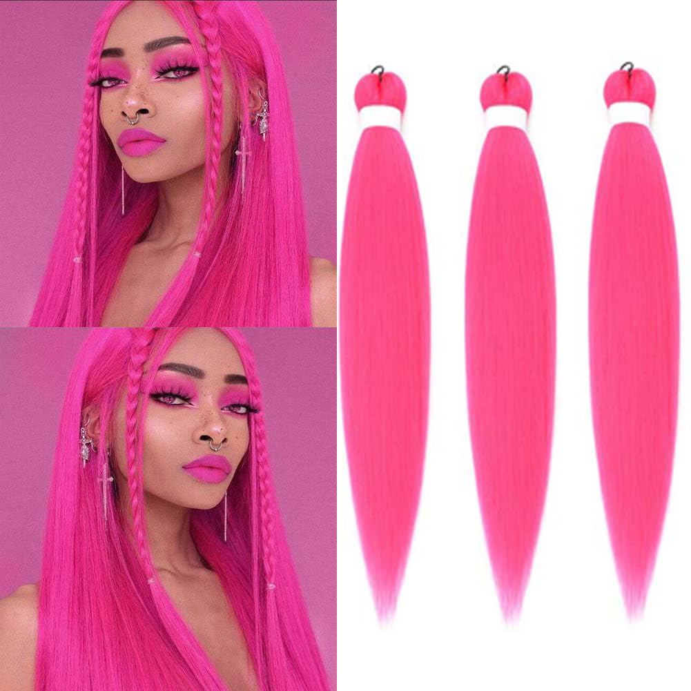 Cabello trenzado ignífugo preestirado de color rosa intenso, 3 paqueteslote, trenzas sin picazón, ajuste de agua caliente, fibra sintética, textura