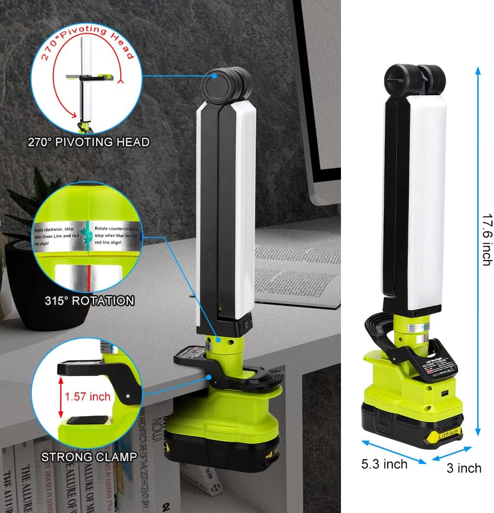 YEX-BUR Luz de trabajo LED de 30W 2400LM para Ryobi 18V ONE + batería NiCd NiMh de iones de litio con clip en luz plegable al aire libre con puerto