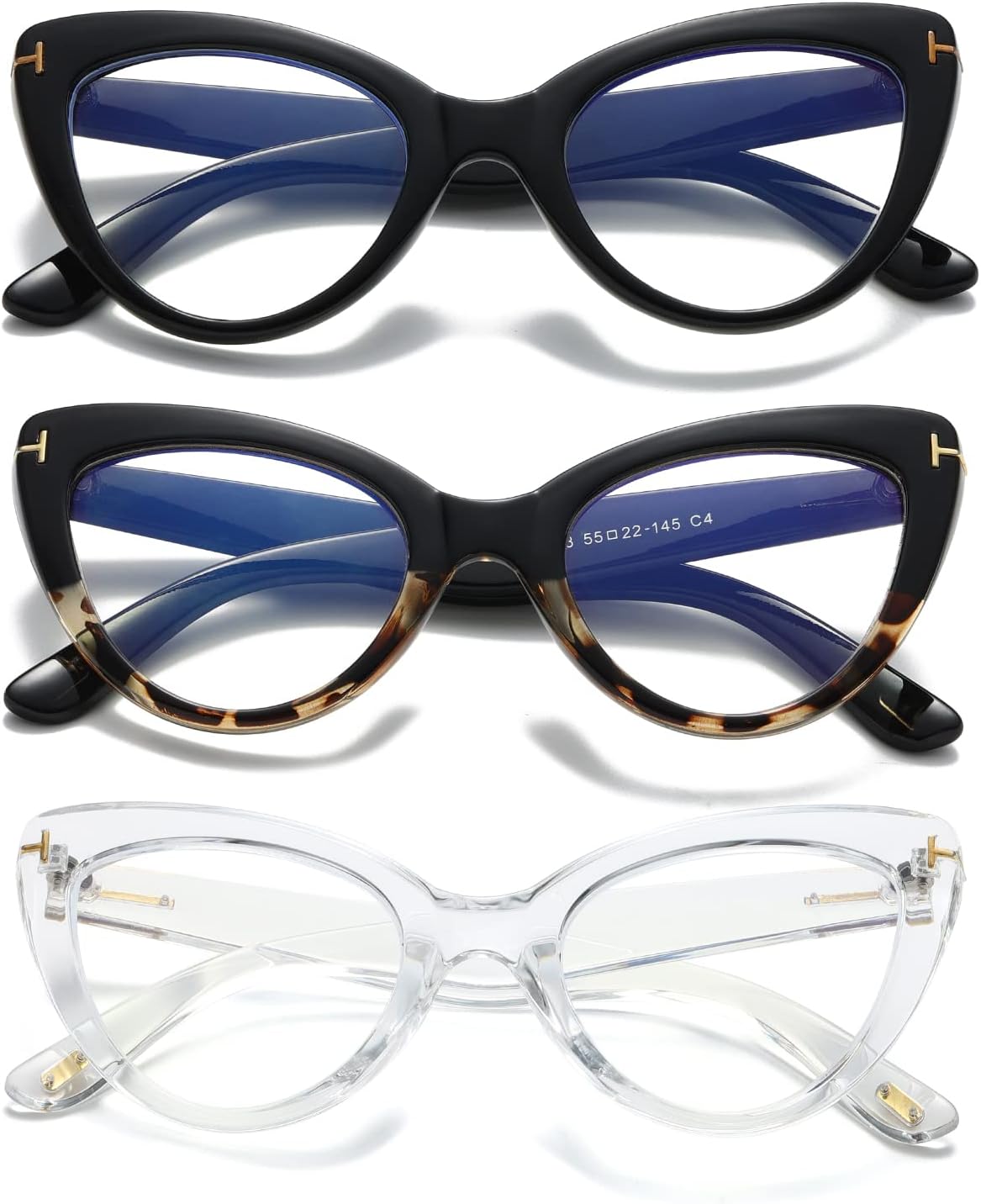 Hubeye 3 pares de anteojos de lectura de ojo de gato para mujer, de gran tamaño, anti luz azul, para lectura de computadora, a la moda, lindos