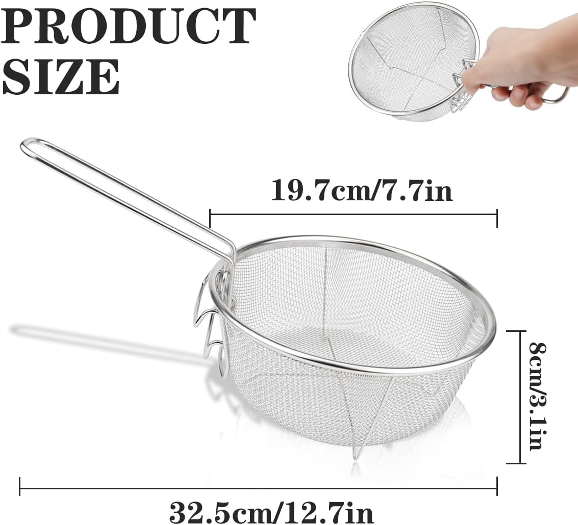 GYOTUU Cesta de acero inoxidable para freír, cesta redonda de malla de alambre para freír chips franceses, cesta multifuncional plegable con asas