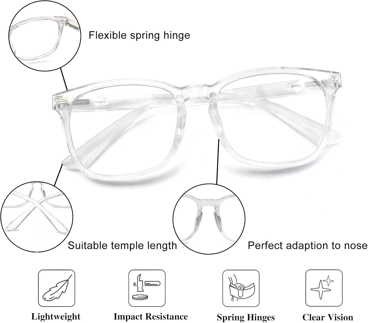 HAPJOYS Gafas de lectura transparentes para mujer, con bloqueo de luz azul, +0.50, lentes de tramposos cuadrados transparentes, paquete de 4