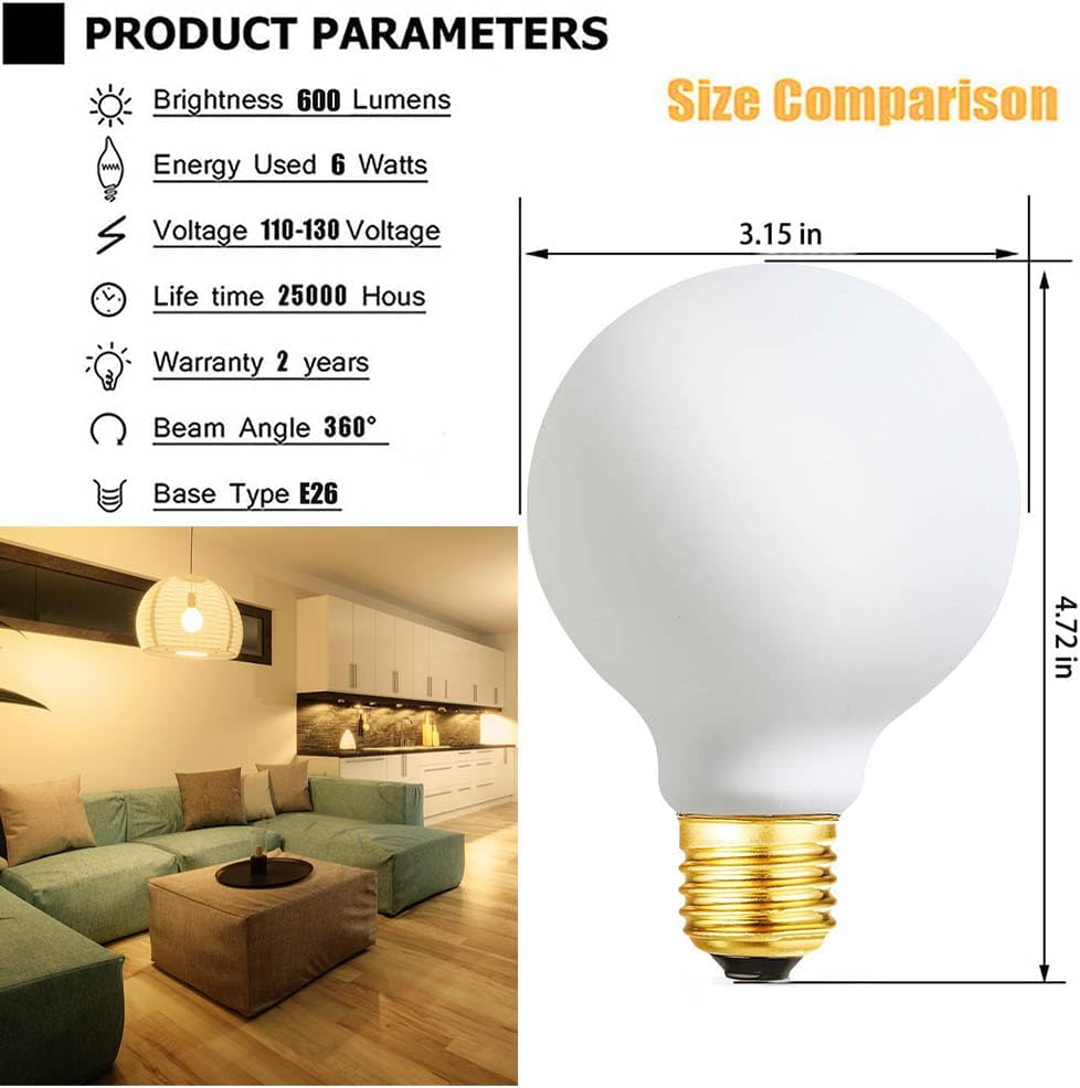 LVYE Bombilla LED G25 con base E26 de porcelana de ópalo mate, color blanco suave, 3000 K, regulable, Edison 6 W, 600 lúmenes, equivalente a 60