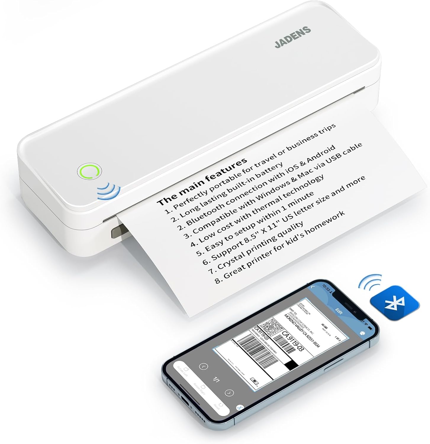 JADENS Impresoras portátiles inalámbricas para viajes, compatible con letras estadounidenses de 8.5 x 11 pulgadas, impresora térmica Bluetooth