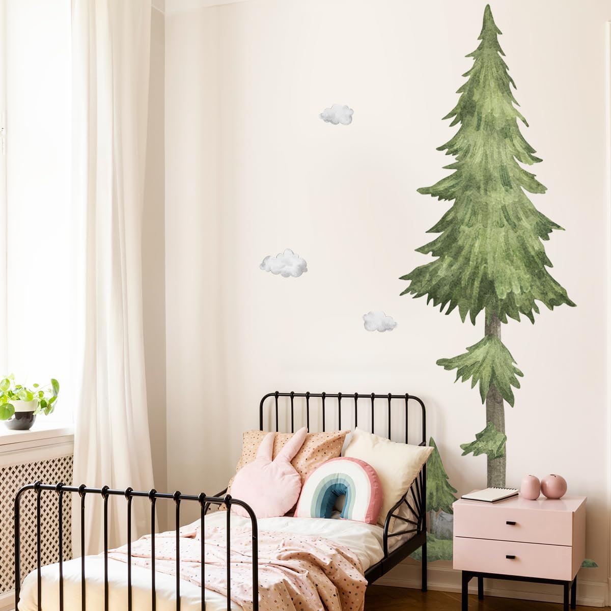 Calcomanías de pared de árbol verde gigante, ramas de pino grandes, calcomanías de pared para bricolaje, despegar y pegar, acuarela, bosque, bosque,