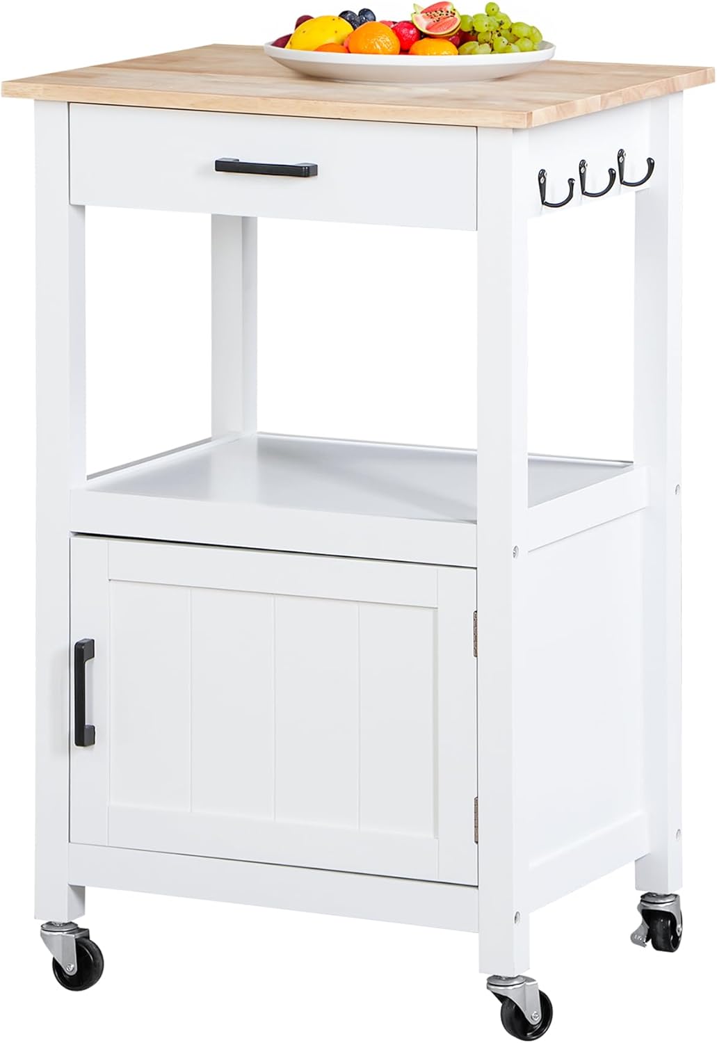 Isla de cocina con ruedas giratorias con cajón, armario de almacenamiento con 3 ganchos laterales para comedor, color blanco