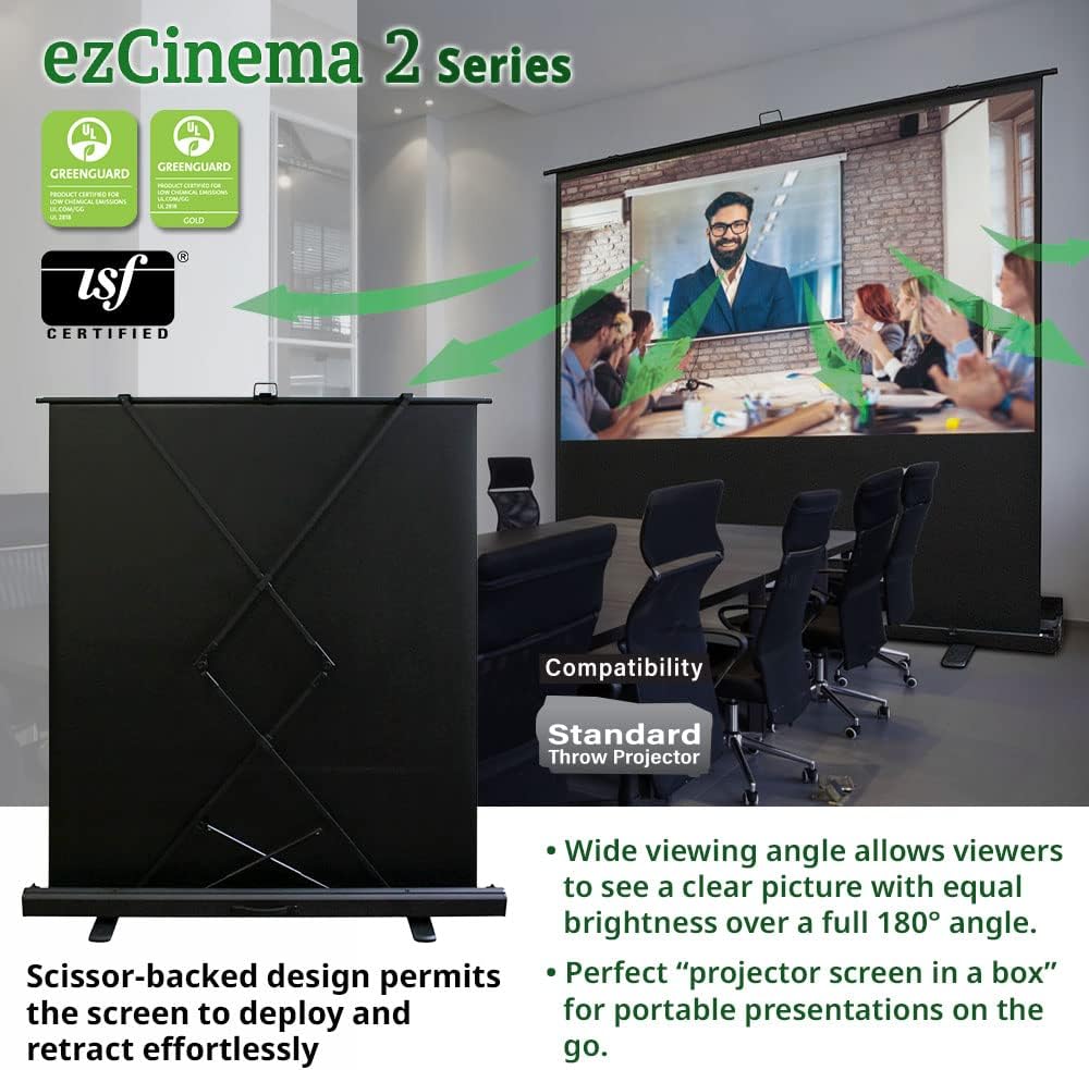 Elite Screens ezCinema 2 – Pantalla de proyector, 107 pulgadas 169 manual de piso, con parte trasera de tijera, proyección frontal portátil de cine