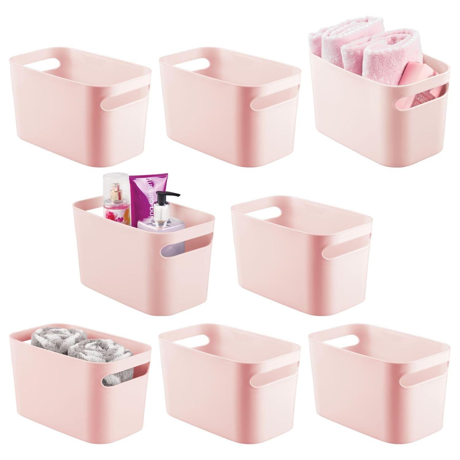 mDesign Contenedor de baño de plástico profundo con asas, organizador de almacenamiento para encimera de tocador, jabón corporal, champú, loción,