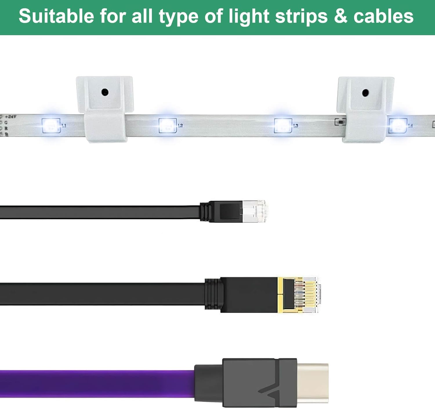 Rxment Clips de montaje para tiras de luces LED con cinta autoadhesiva + tornillos, soportes de montaje ideales para tiras de luz de 8 a 0.394 in,