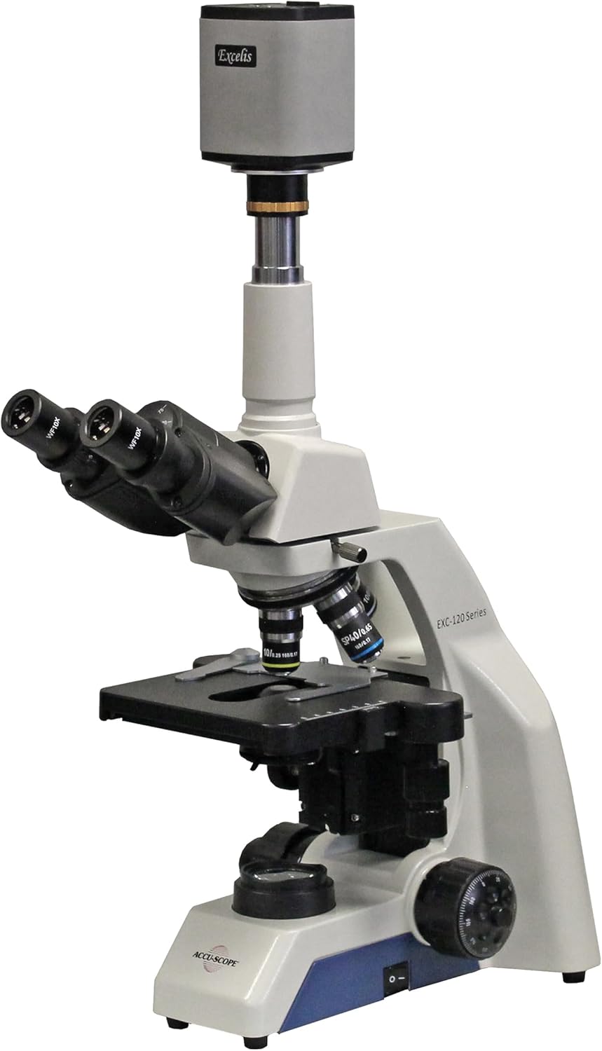 Microscopio digital Accu-Scope con cámara, EXC-123-HD – Cabezal trinocular, aumento 40-1000X – Resolución HD 1080p – Imagen de 5 megapíxeles y