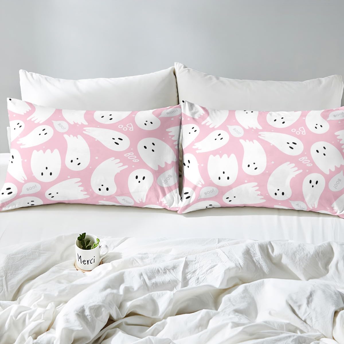 Feelyou Juego de sábanas de Halloween rosa, tamaño King, juego de sábanas de fantasma rosa de dibujos animados para niños y niñas, sábanas lindas