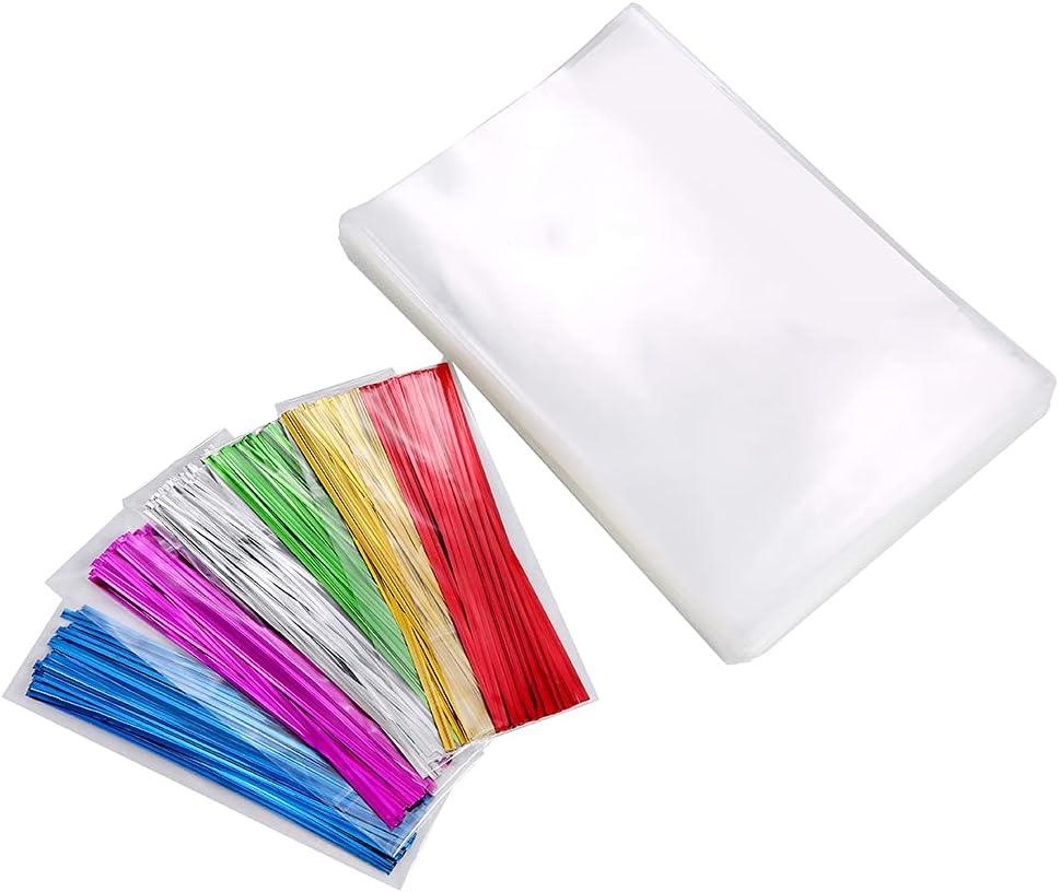Macoota 200 bolsas de celofán planas de celofán de 4 x 9 pulgadas, transparentes y gruesas, con lazos torcidos de 6 colores, embalaje, galletas,
