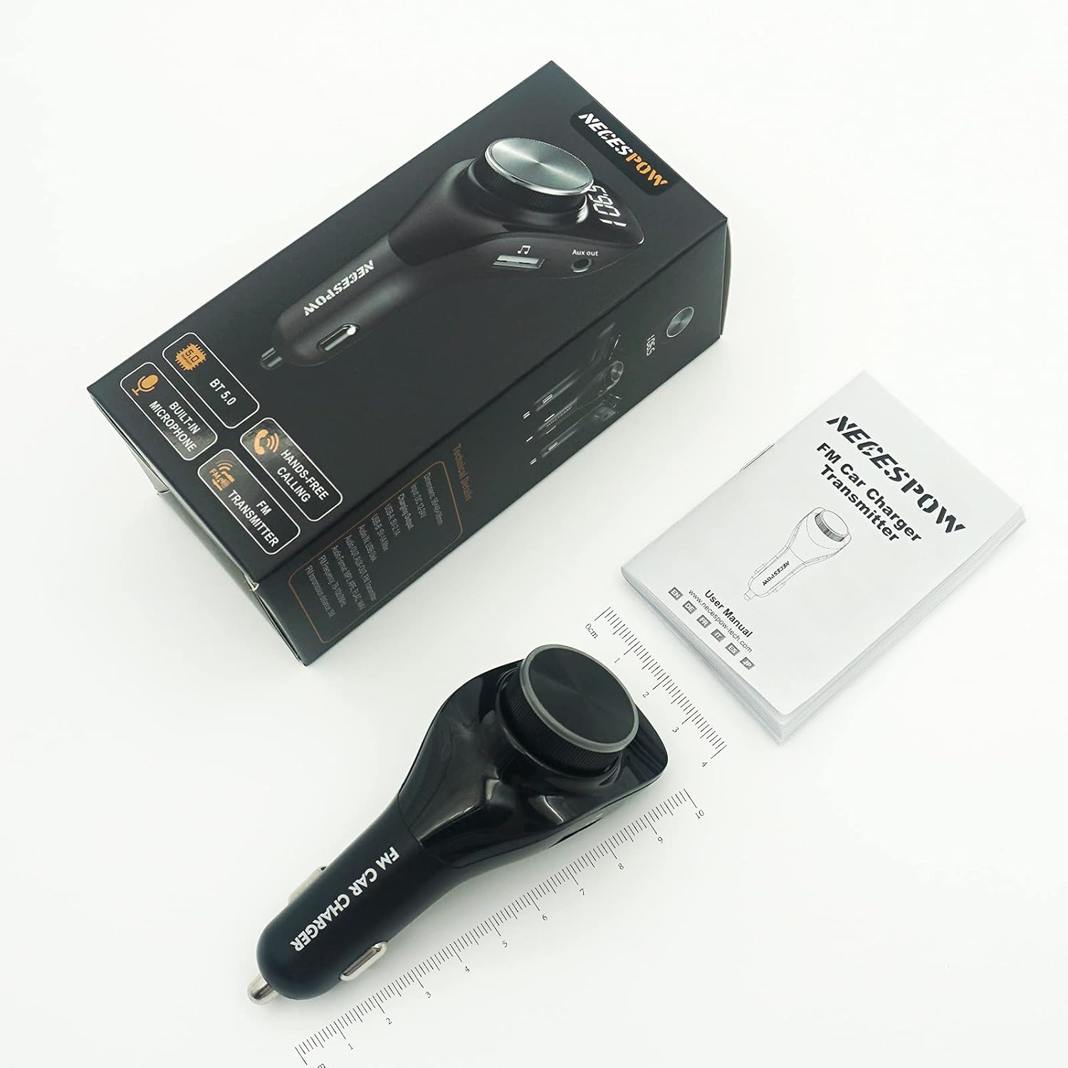 NECESPOW QC3.0 – Transmisor FM Bluetooth 5.0, cargador USB con cable AUX, adaptador de radio manos libres compatible con disco AUX y U, llamada