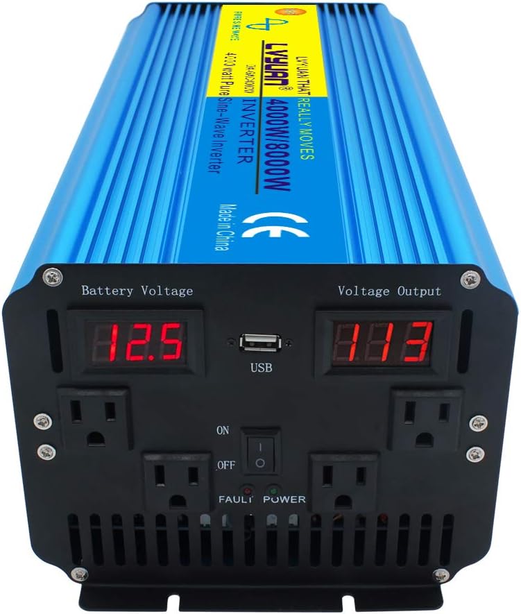Yinleader Inversor de corriente de onda sinusoidal pura de 4000 W, 12 V CC a CA 110 V-120 V, convertidor para vehículo familiar, RV, camión, sistema