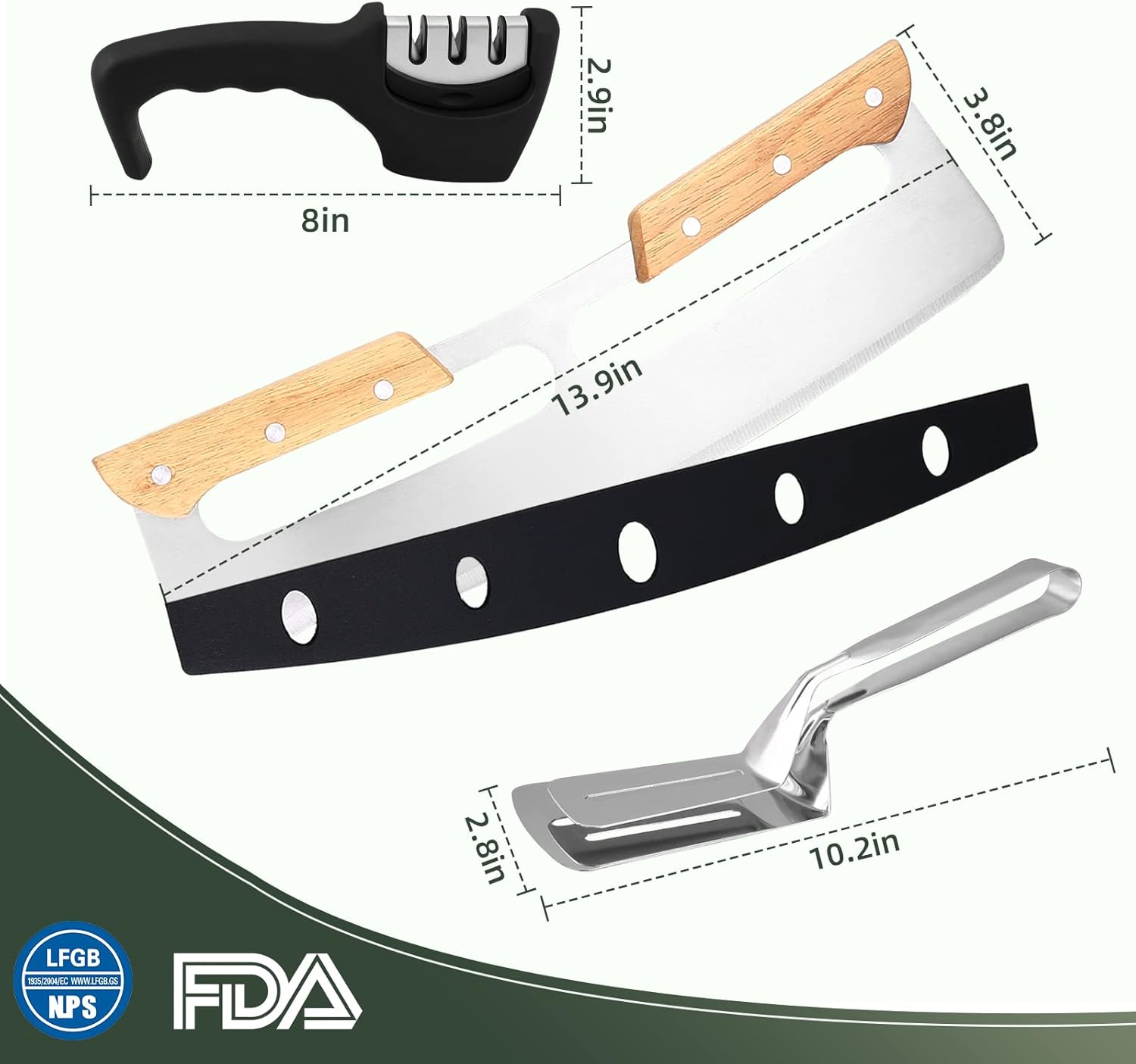 Cuchilla basculante para cortador de pizza de 14 pulgadas con mango de madera, rueda para rebanar pizza, cuchillo grande de acero inoxidable con