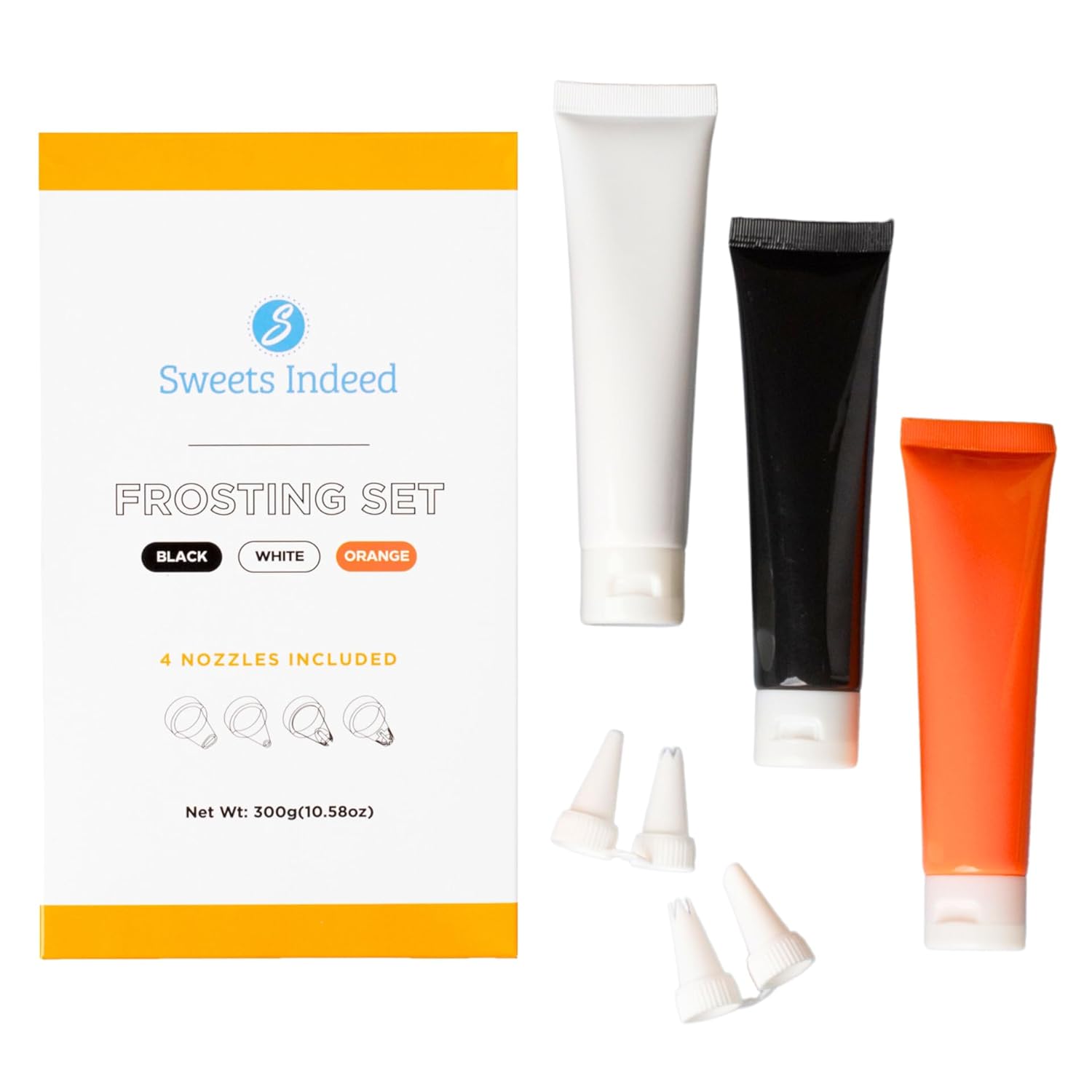 Sweets Indeed – Juego de glaseado de Halloween – Paquete de 3 – tubos de 3.5 onzas – Negro, naranja y blanco – 4 boquillas incluidas – Glaseado de