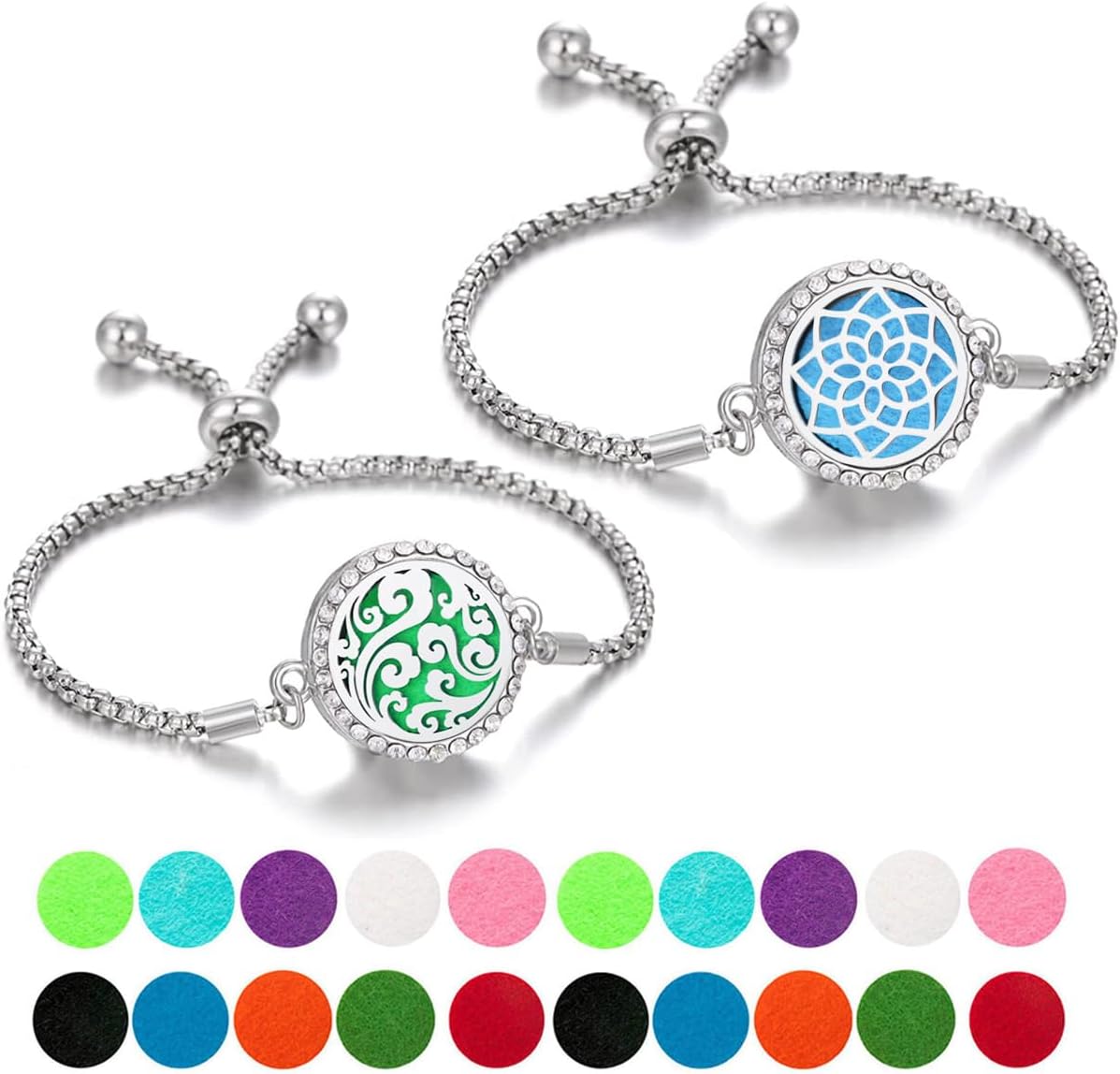 2 pulseras difusoras de aceites esenciales, medallón difusor de aromaterapia de diamante, pulsera ajustable con 20 almohadillas de repuesto
