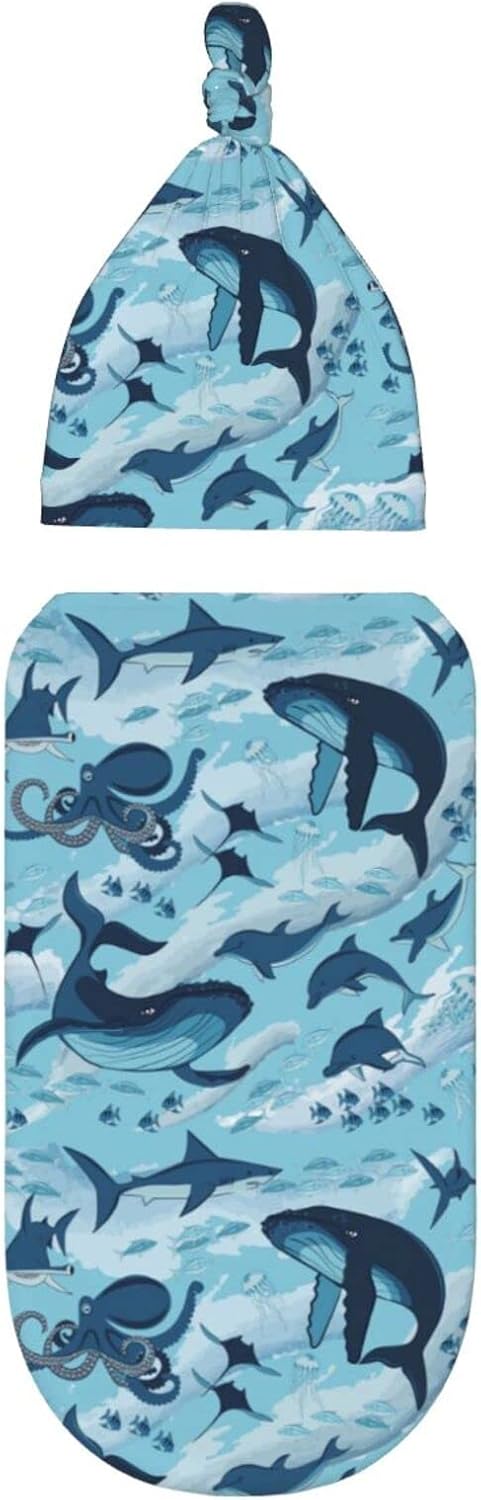 Manta envolvente para recién nacido, con diseño de delfines, tiburones, ballena, pulpo, manta suave con gorro, regalos para niños y niñas