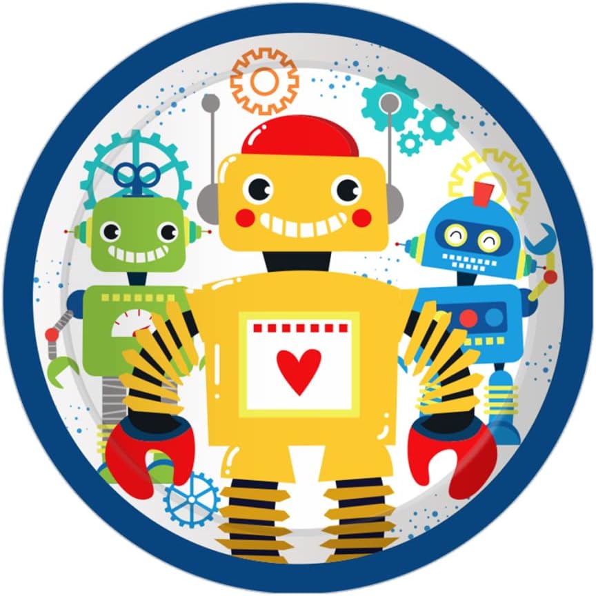 Juego de vajilla para fiesta de cumpleaños de robot de dibujos animados, sirve 24 platos de papel desechables de 7 pulgadas, platos de papel de 9