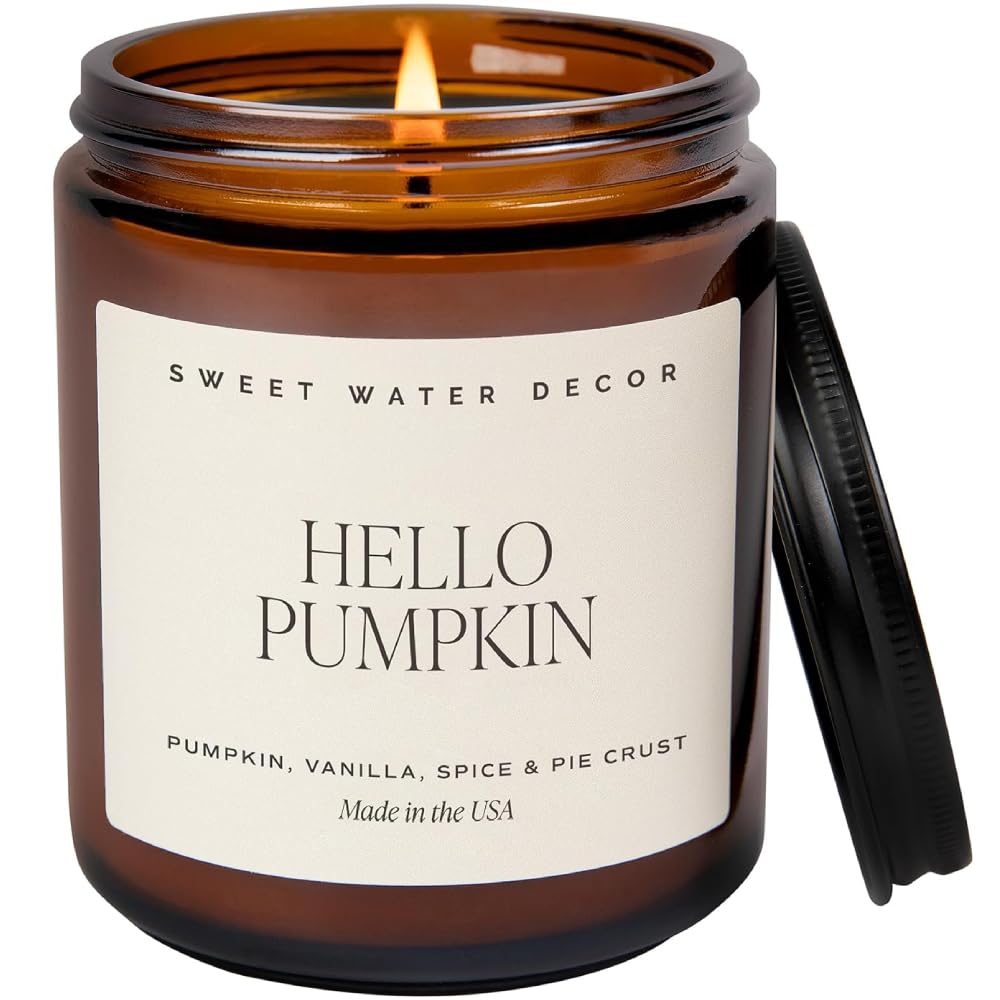 Sweet Water Decor Hello Pumpkin Soy Candle  Pumpkin, Warm Spices, Vanilla, and Whipped Cream Fall Scented Candles for Home  9oz Amber Jar with Black