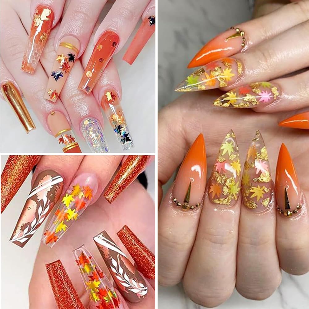 Arte de uñas de hoja de arce, brillantina, arte de uñas de otoño, holográfico 3D, 6 colores, láser de hojas de otoño, calcomanías de lentejuelas de
