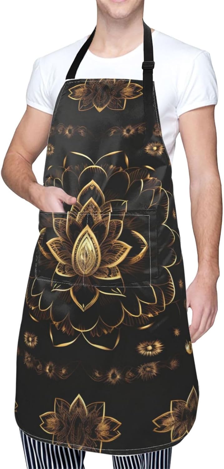 JENKEM Delantal impermeable de flores de loto dorado con bolsillos delantales de cocina ajustables babero de cocina para hornear hogar