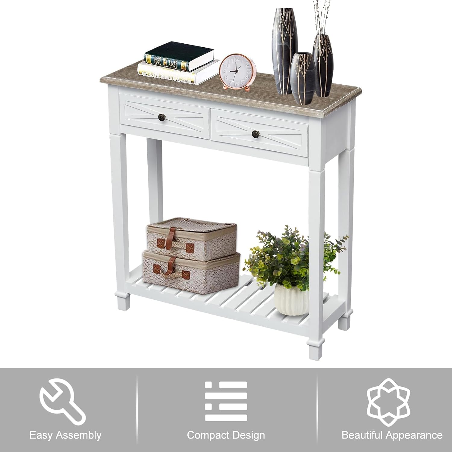 kinbor Mesa de entrada, mesa consola blanca con 2 cajones, mesa consola pequeña estrecha con estante de almacenamiento para entrada, sala de estar,