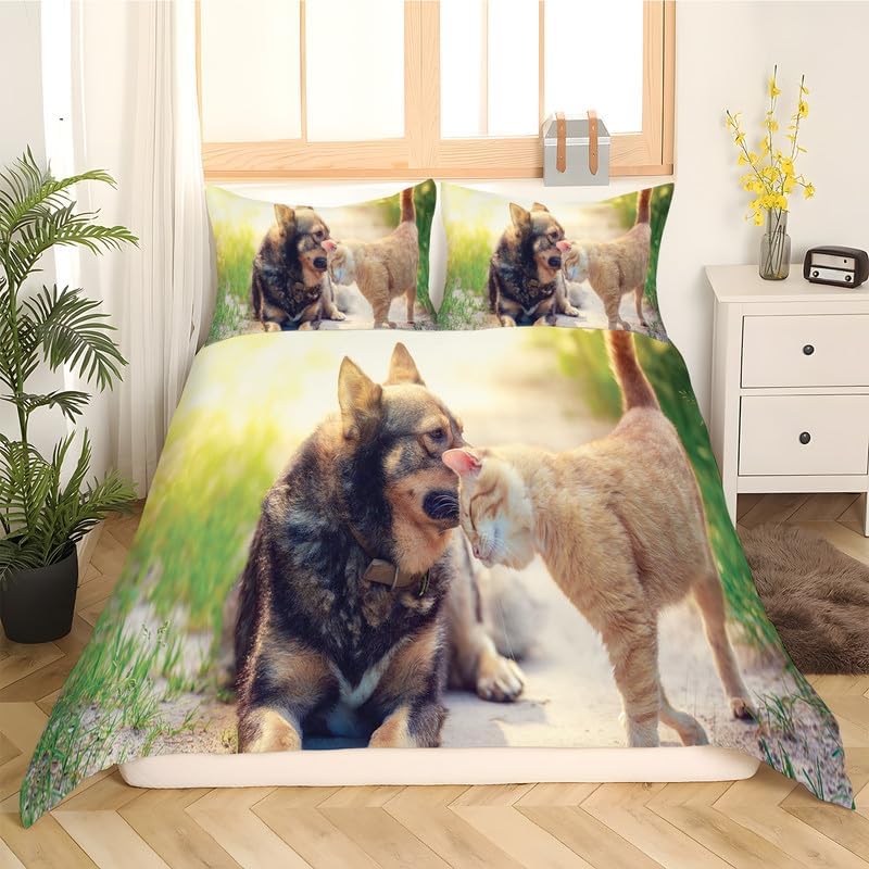 Puppy Grass Green Duvet Cover Full Animal Print Bedding Sets Full Soft Microfiber Comforter Cover and 2 Pillow Shams 20″X26″, Bed Set Duvet Covers