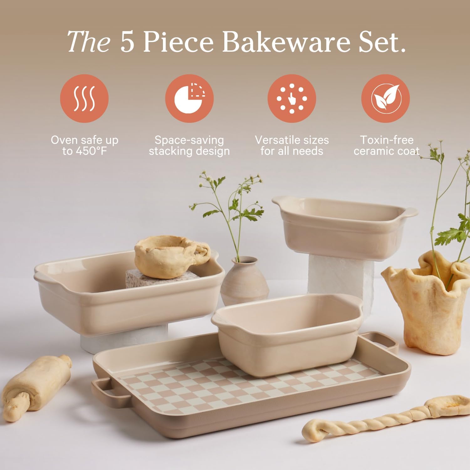 Our Place Ovenware – Juego de 5 piezas antiadherentes, sin toxinas, cerámica y cerámica con bandeja para horno, panaderos y alfombrilla para horno,