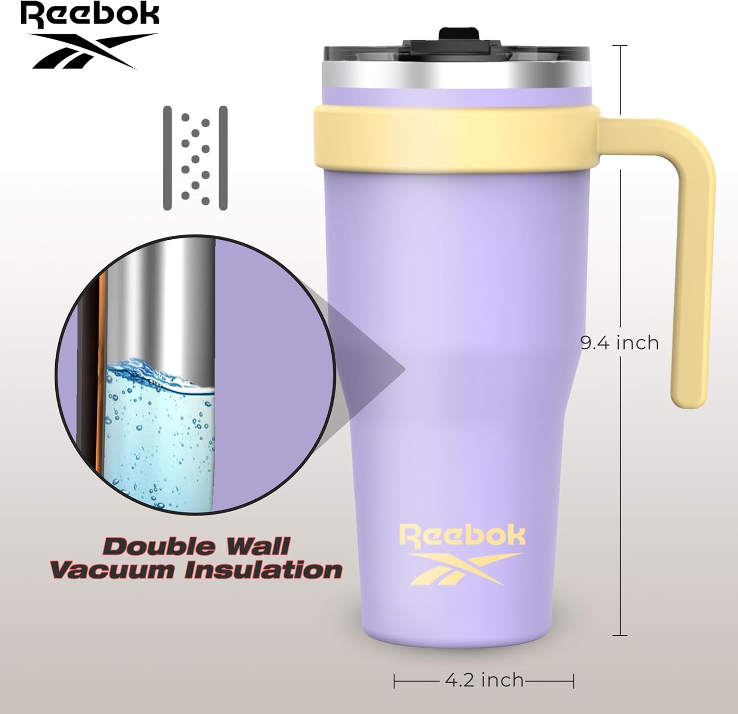 Reebok Vaso de acero inoxidable con asa, vaso de 40 onzas, dos tonos, doble pared aislado al vacío, vaso a prueba de fugas para hombres y mujeres