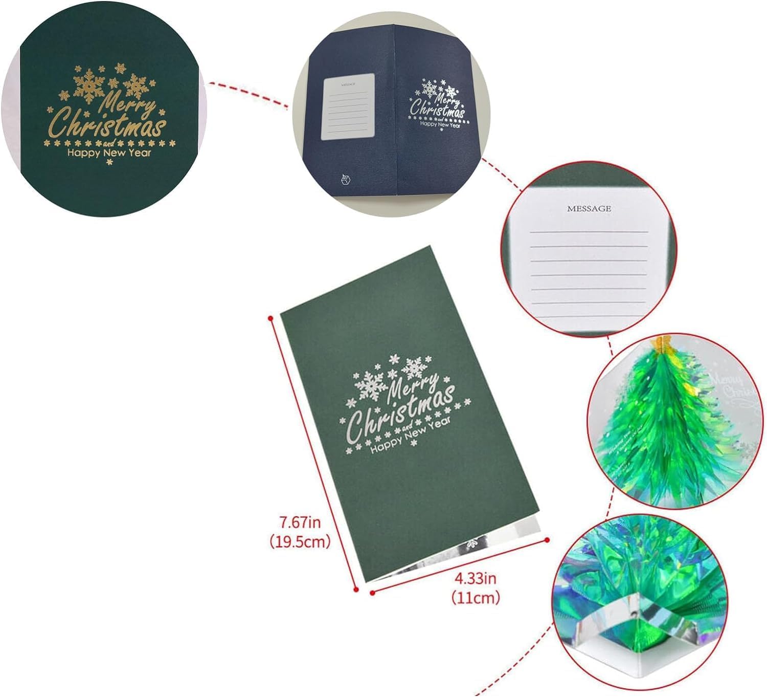 Tarjeta desplegable 3D única de árbol de Navidad  Sobre creativo de Navidad con purpurina 2024, tarjeta tridimensional, tarjeta de felicitación de