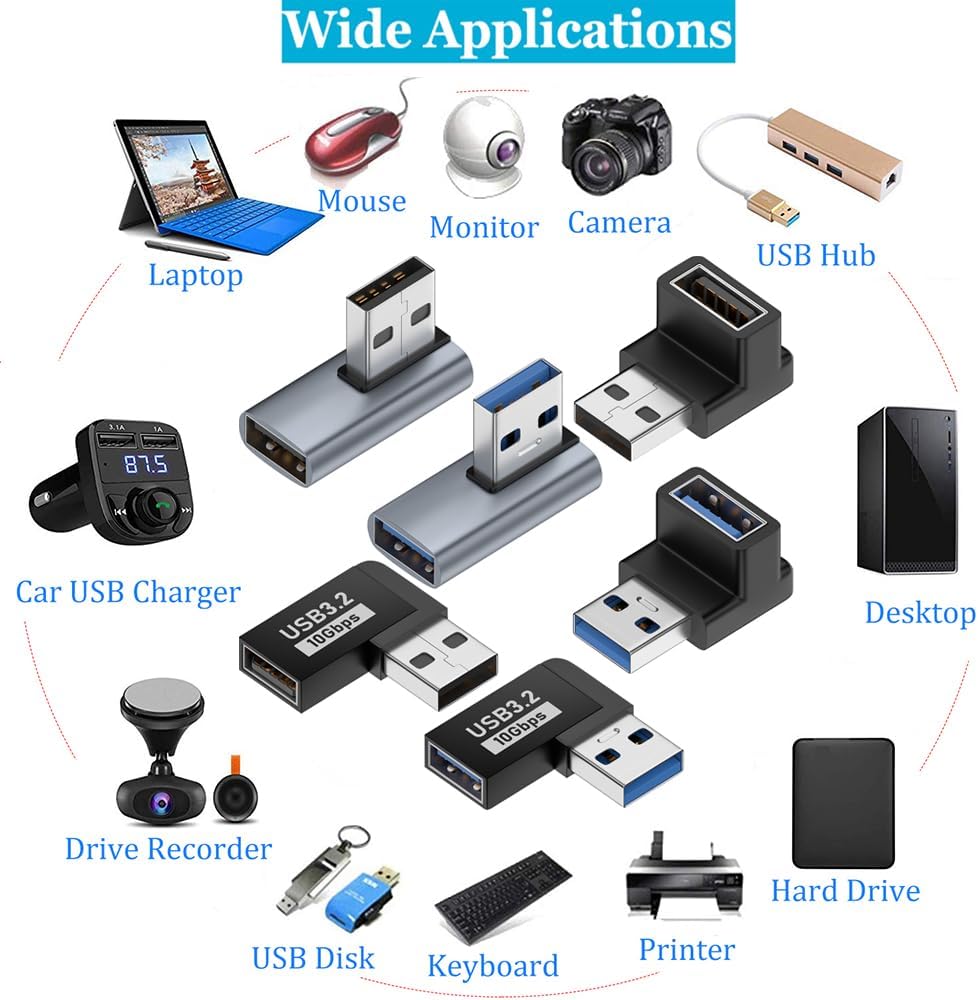 Warmstor Paquete de 6 adaptadores USB 3.0 macho a hembra de 10 Gbps hacia arriba hacia abajo a la izquierda derecha 90 grados de ángulo recto cable
