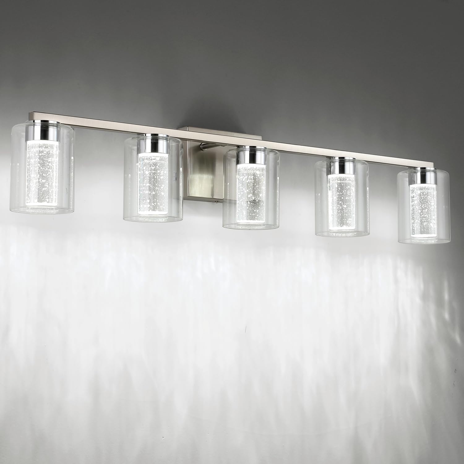 Lámpara de tocador de 5 luces de níquel cepillado con 3 modos de color (3000 K4000 K6500 K), lámpara LED de baño con protección ocular, luz de pared
