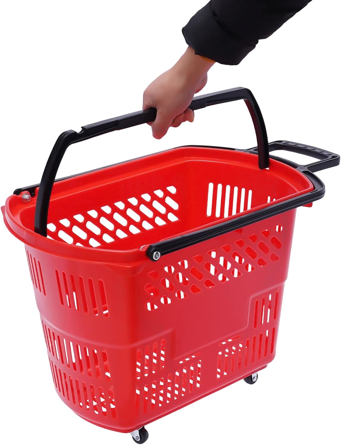 6 cestas de compras para tienda minorista, supermercado, carritos de compras con ruedas, gran capacidad de 35 l9.2 gal (rojo)
