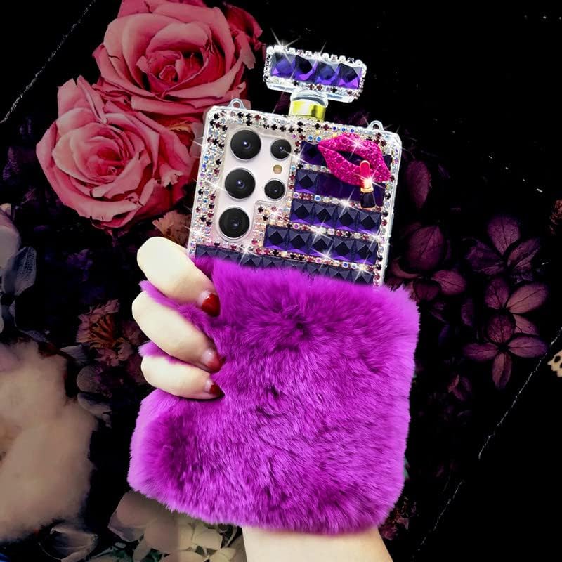 LUVI Compatible con Galaxy S22 Ultra – Funda para botella de perfume para mujeres y niñas, bonita felpa peluda 3D Bling Diamond Glitter Crystal
