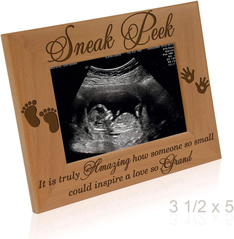 KATE POSH – Marco de ecograma Sneak Peek – Madera natural grabada, regalos para papá nuevo, regalos para mamá nueva (3 12 x 5 horizontal)