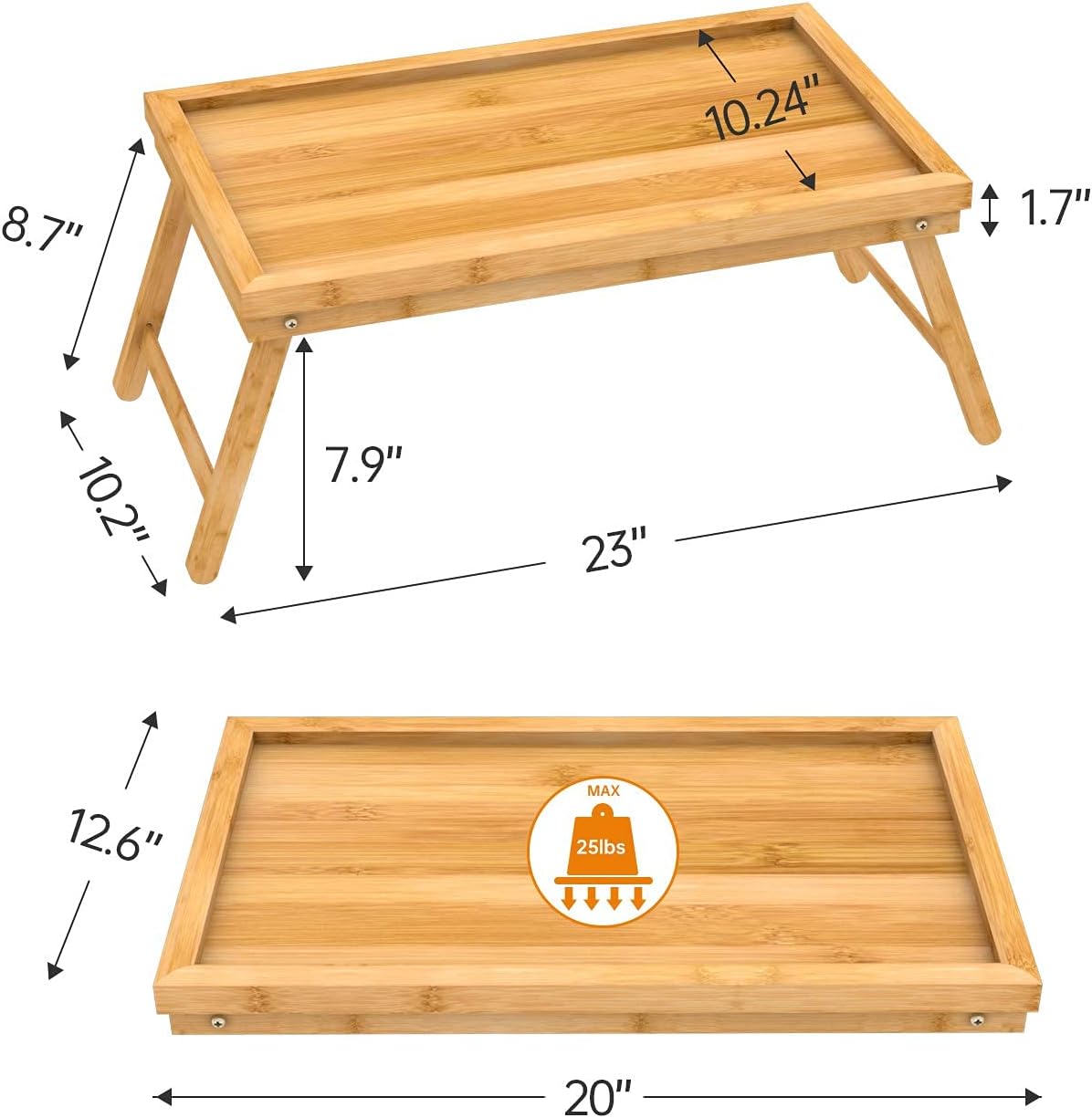Zhuoyue Bandeja de cama de bambú con patas plegables, bandeja de desayuno, ideal para el desayuno en la cama o bandeja para comer