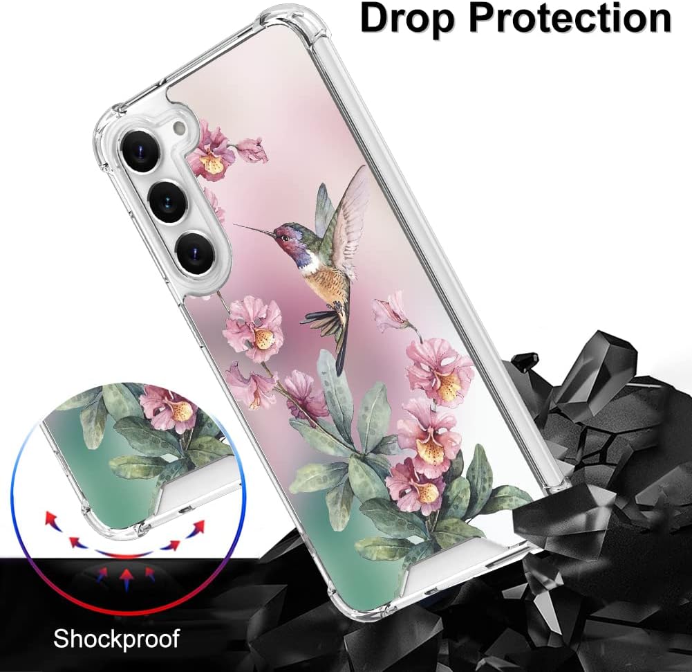 OOK Funda transparente compatible con Samsung Galaxy S23 Plus 5G, diseño de colibrí rosa, flexible, TPU a prueba de golpes, antiarañazos, funda