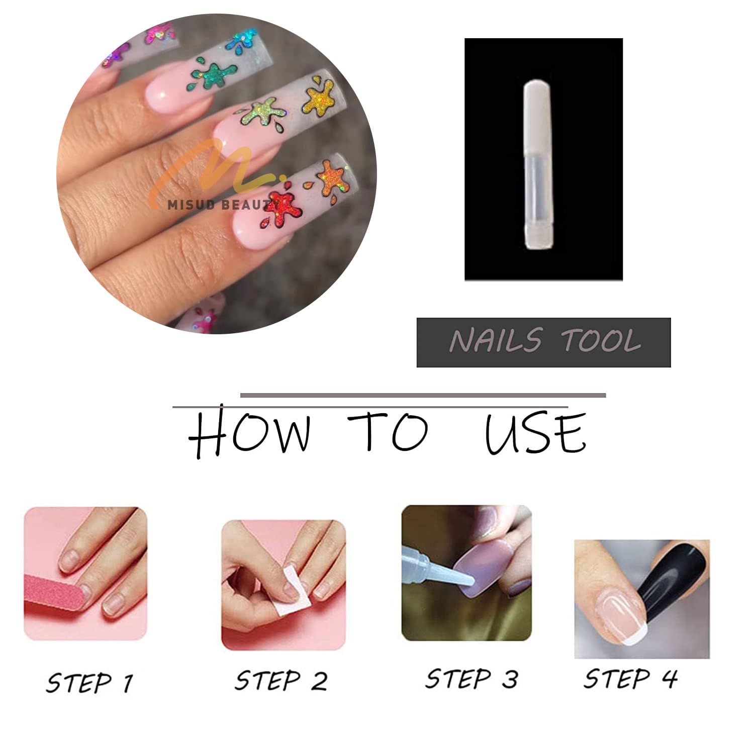 MISUD Uñas postizas largas cuadradas a presión, uñas postizas cuadradas brillantes con pegamento, uñas acrílicas cuadradas de gel blanco, uñas