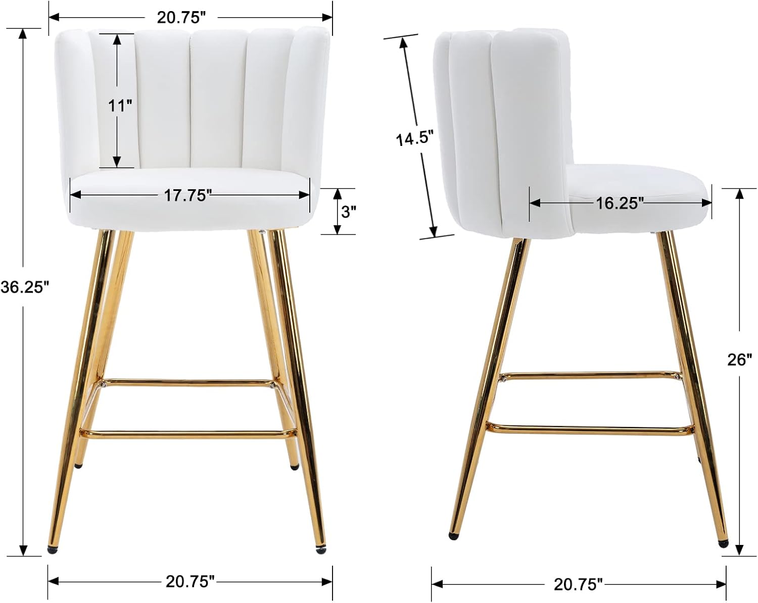 ZSARTS Juego de 2 taburetes de bar de terciopelo crema, de 26 pulgadas, modernos taburetes de bar dorados con respaldo tapizado, sillas de isla de