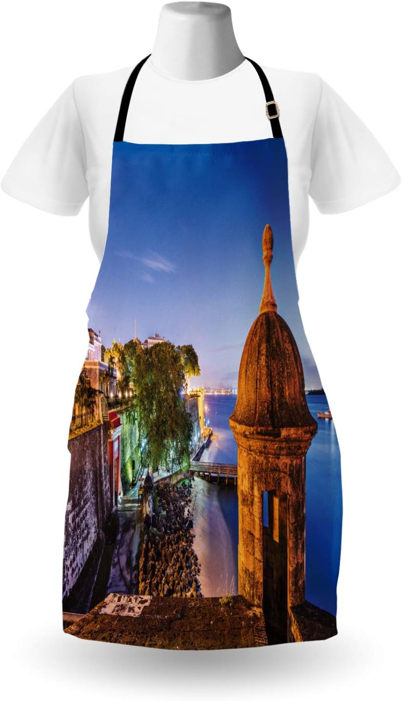 Lunarable Puerto Rico Apron, Coast at Paseo de la Princesa Retro Style Architectural Elements Photography, Unisex Kitchen Bib Apron with Adjustable