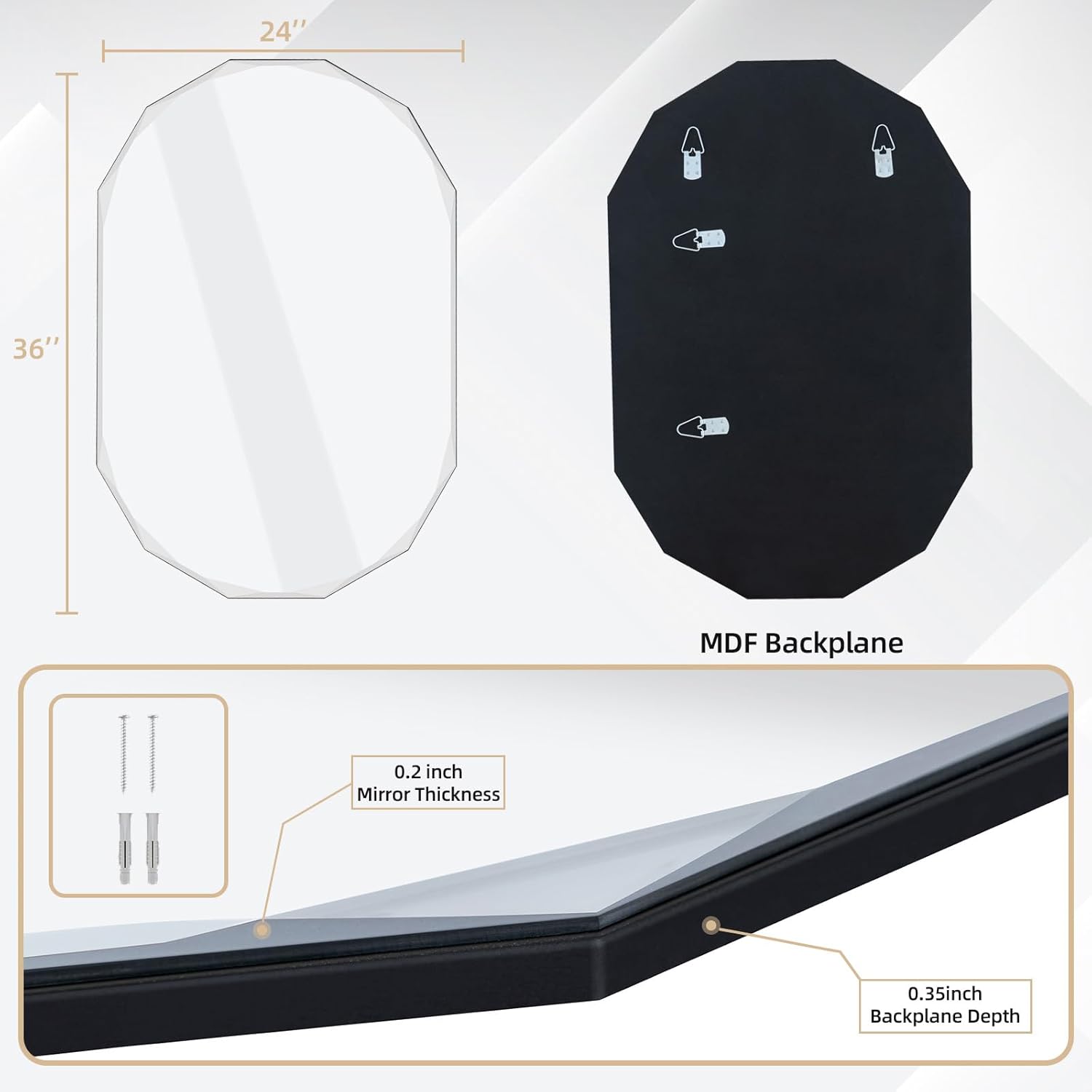 Muzilife Espejo de pared ovalado biselado de 24 x 36 pulgadas, espejo festoneado sin marco, espejo de cápsula grande con tablero de MDF para baño,