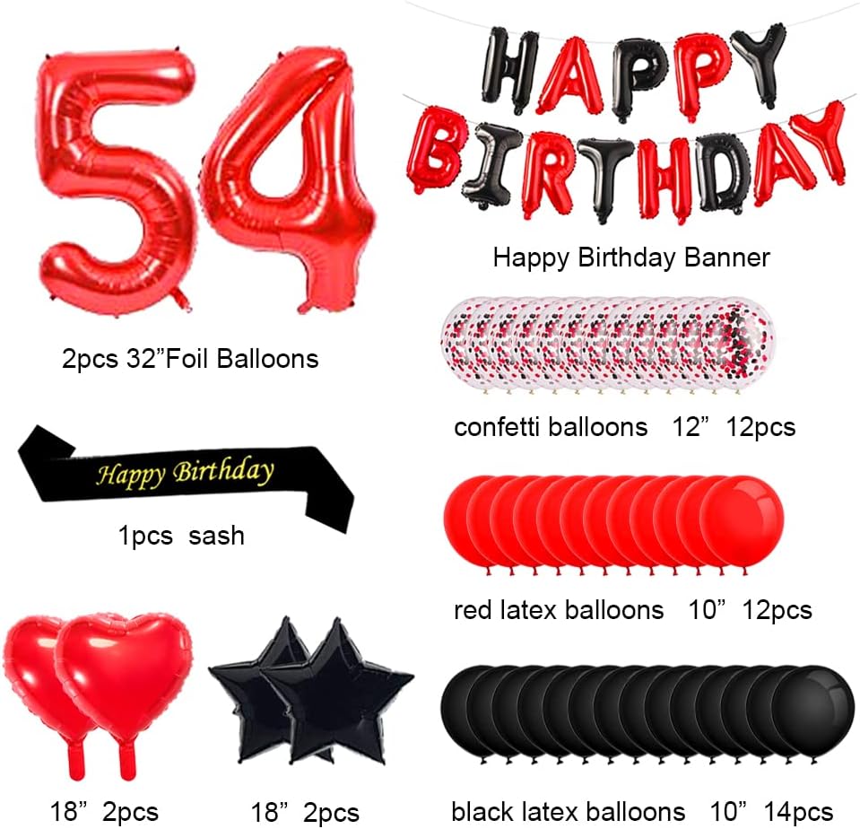 Minhero – Decoraciones de cumpleaños número 54, color rojo y negro, pancarta de feliz cumpleaños, globos rojos del número 54, banda de feliz