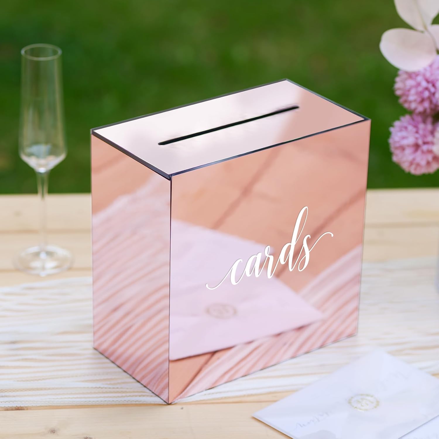 UNIQOOO Caja de tarjetas de boda de acrílico con espejo de oro rosa metálico con ranura, grande de 10 x 10 x 5.5 pulgadas con impresión blanca