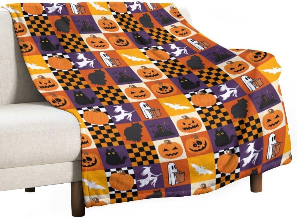 Manta de Halloween a cuadros, bonita manta hecha en Estados Unidos, manta de forro polar espeluznante cálida y suave, decoración de Halloween,
