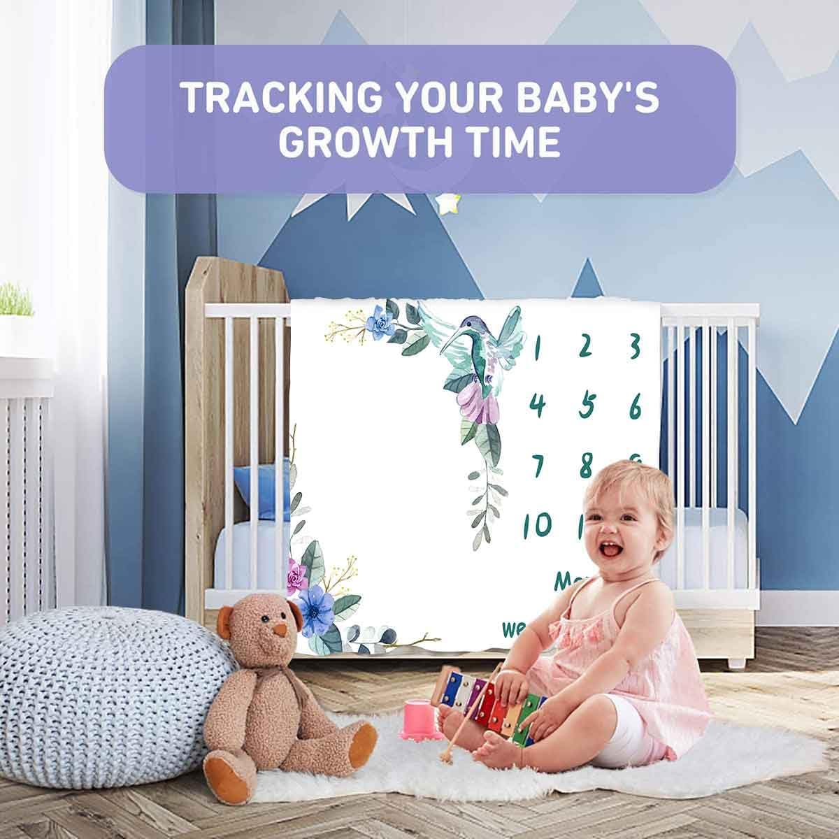 BTXTPH504 – Manta mensual de hitos para bebé, tabla de crecimiento personalizada de pájaro floral azul, fotos de bebé, 48 x 40 pulgadas, fondo de
